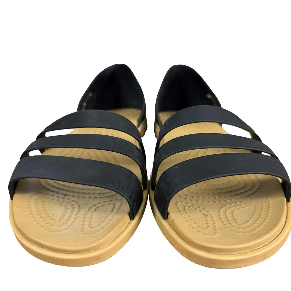 Crocs Tulum Open Toe Flats Slip On Shoes Black Beige Rubber Shoes Sandals sz 8